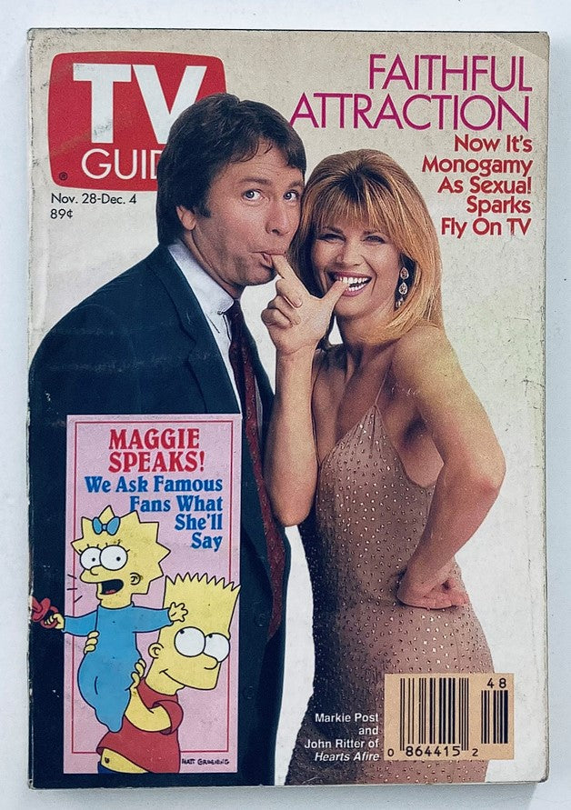 Cover of TV Guide Magazine dated November 28, 1992, featuring Markie Post and John Ritter with the headline 'Faithful Attraction.' The cover includes nostalgic elements such as an advertisement for 'Maggie Speaks!' and showcases classic television attire.