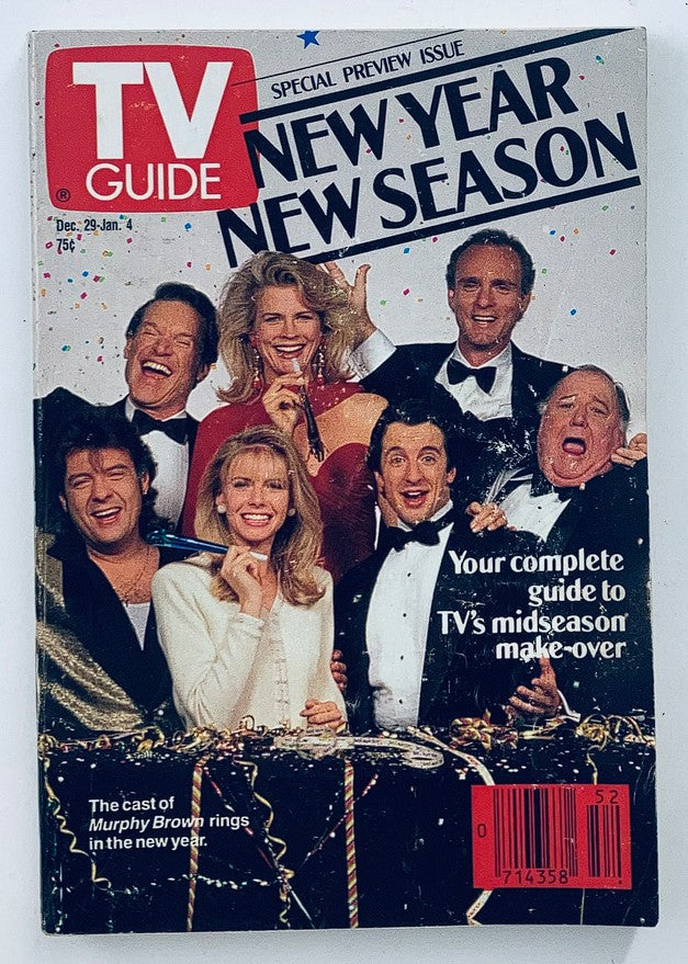 TV Guide Magazine December 29 1990 featuring the cast of Murphy Brown celebrating the New Year with confetti and festive decorations, highlighting the television show's cultural significance.
