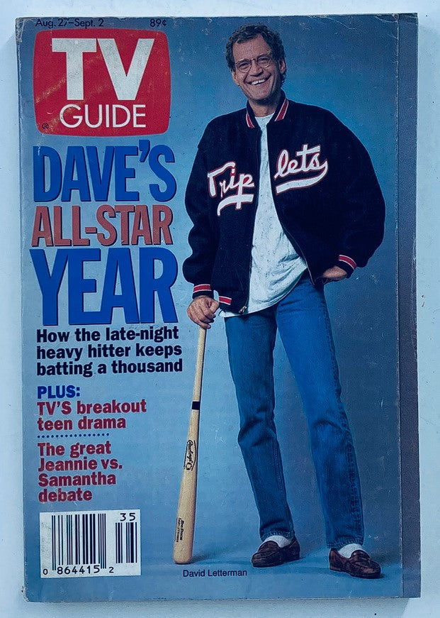 TV Guide Magazine cover dated August 27, 1994 featuring David Letterman, showcasing the theme 'Dave's All-Star Year'. The iconic talk show host is depicted wearing a black jacket and holding a baseball bat, symbolizing his impact on late-night television.
