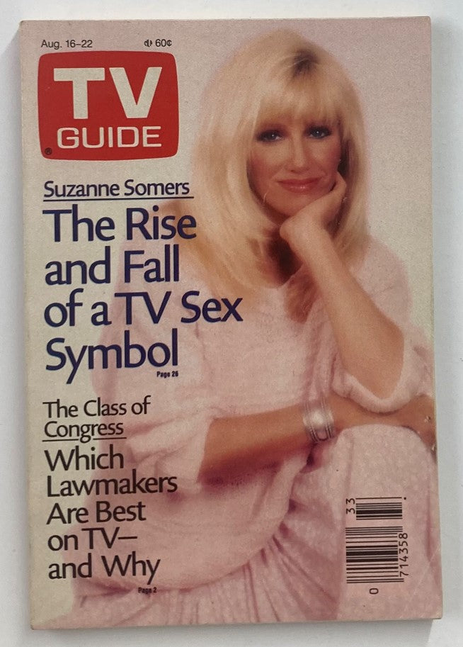 TV Guide Magazine August 16 1986 featuring Suzanne Somers on the cover, showcasing the title 'The Rise and Fall of a TV Sex Symbol' and highlighting classic television themes from the 1980s.