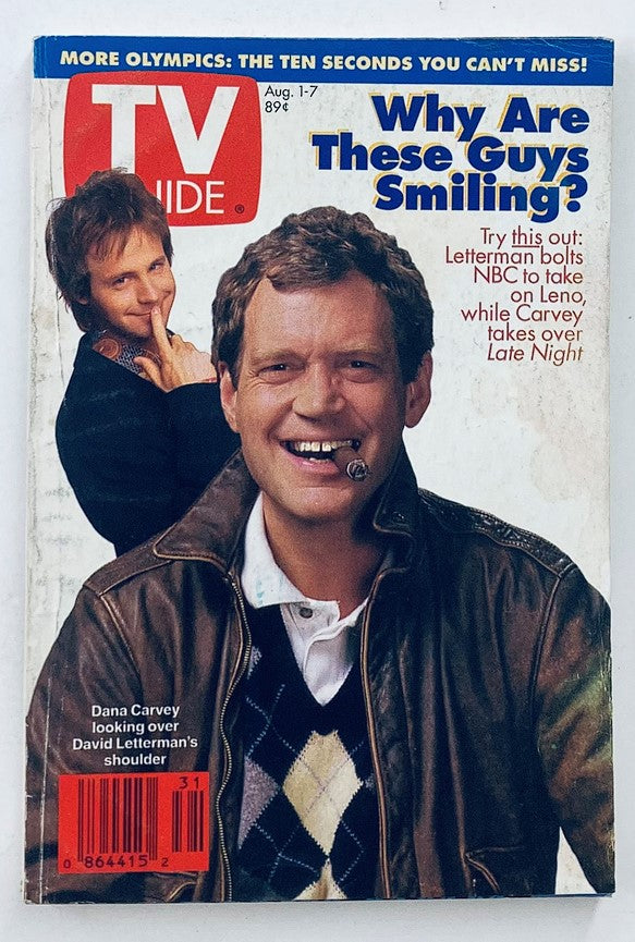 Cover of TV Guide Magazine August 1, 1992 featuring Dana Carvey and David Letterman, showcasing the humorous entertainment landscape of the early '90s.