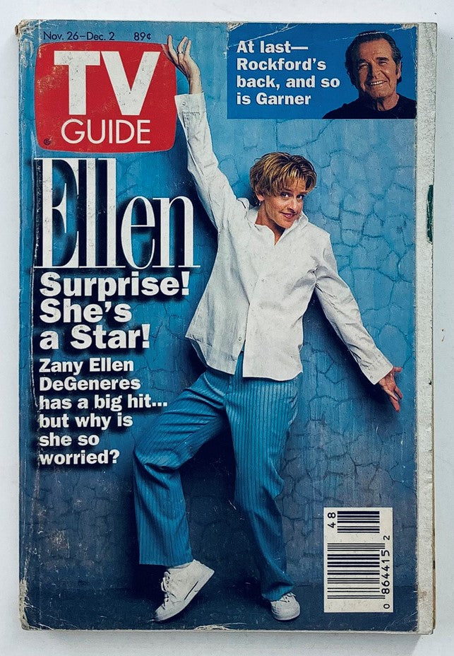 Cover of the TV Guide Magazine dated November 26, 1994, featuring Ellen DeGeneres with the headline 'Surprise! She's a Star!' highlighting her rise in popularity.
