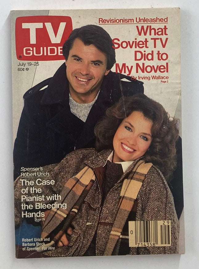 Cover of TV Guide Magazine dated July 19-25, 1986 featuring Barbara Stock and Robert Urich. The magazine highlights television culture of the 1980s and includes articles about popular shows, with a focus on the actors in stylish clothing, reflecting the era's fashion.