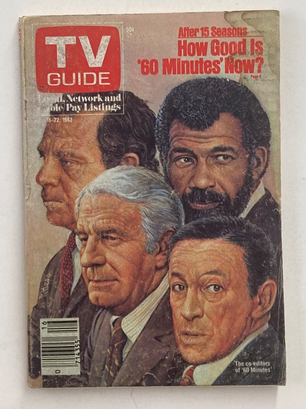 TV Guide Magazine from April 16, 1983 featuring Ed Bradley and Harry Reasoner on the cover. This collectible edition captures the essence of early 1980s television, showcasing notable journalists and reflecting the media landscape of the time.