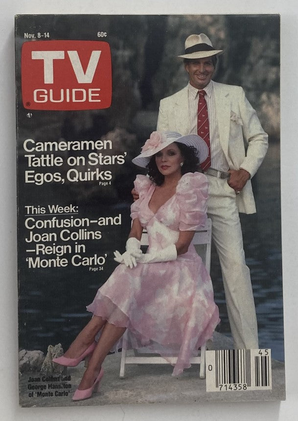 TV Guide Magazine from November 8, 1986 featuring Joan Collins on the cover, showcasing her in a glamorous pink dress alongside a man in a white suit, highlighting the iconic television culture of the 1980s.