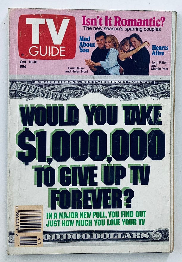 Cover of TV Guide Magazine dated October 10, 1992, featuring Paul Reiser and Helen Hunt from the show Mad About You, with bold text asking 'Would You Take $1,000,000 to Give Up TV Forever?'.