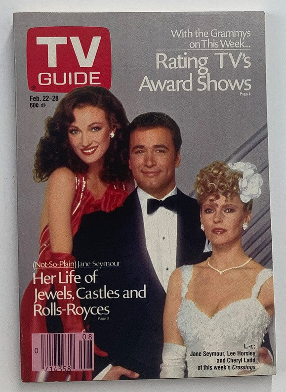TV Guide Magazine February 22 1986 featuring a cover with actors Jane Seymour, Lee Horsley, and Cheryl Ladd. The magazine highlights the Grammys and ratings of TV award shows, capturing a moment in 1980s entertainment history.