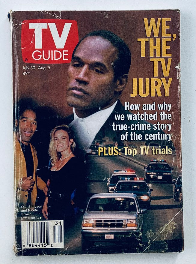 TV Guide Magazine July 30 1994 featuring O.J. Simpson and Nicole Brown Simpson on the cover, highlighting the true-crime story of the century. The cover includes the title We, the TV Jury and features a dramatic image related to the O.J. Simpson trial.