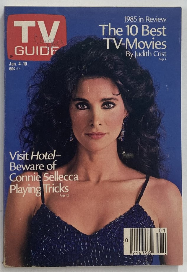 Cover of TV Guide Magazine January 4, 1986 featuring Connie Sellecca, showcasing her captivating look in a stunning blue dress along with a headline about her role in the series.