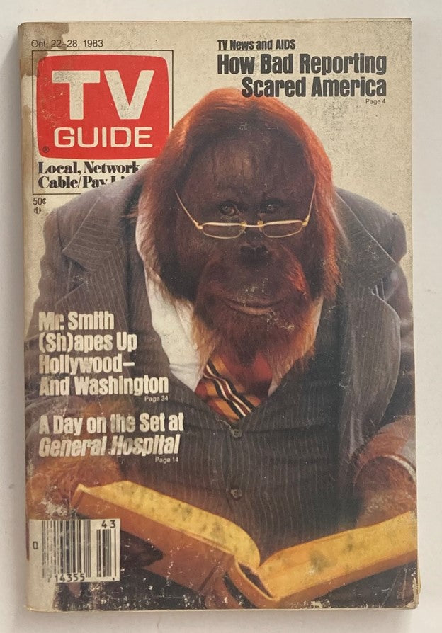 Cover of TV Guide Magazine from October 22, 1983 featuring an anthropomorphic ape wearing glasses and a suit, with the title 'Mr. Smith (Sh)apes Up Hollywood and Washington', highlighting pop culture and television history.