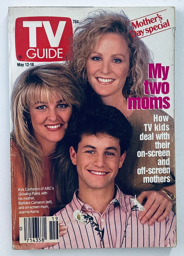Cover of TV Guide Magazine May 12, 1990 featuring an article titled 'My Two Moms.' The cover showcases a smiling group of three: Joanna Kerns, Kirk Cameron from 'Growing Pains,' and Barbara Cameron, capturing the themes of motherhood and family in television.