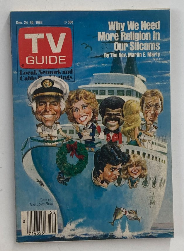 TV Guide Magazine December 24, 1983 featuring the cast of The Love Boat, showcasing a colorful illustrated cover with whimsical caricatures of the cast against a backdrop of the iconic ship. This collectible magazine explores the cultural significance of the 1980s television era.