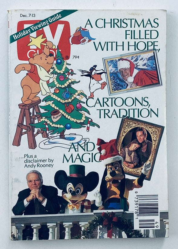 Cover of TV Guide Magazine dated December 7, 1991, featuring a festive illustration centered around a Christmas theme, showcasing a decorated Christmas tree, animated characters, and a special mention of Andy Rooney's commentary. This collectible vintage magazine provides insights into television history and holiday programming.