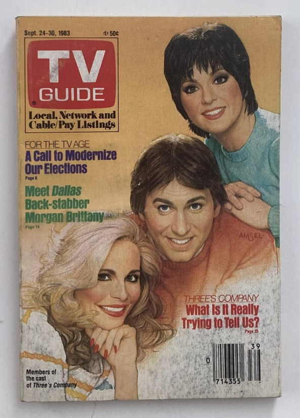 TV Guide Magazine from September 24, 1983 featuring the cast of Three's Company on the cover, showcasing the beloved sitcom stars in vibrant colors, including prominent characters and nostalgic design elements.