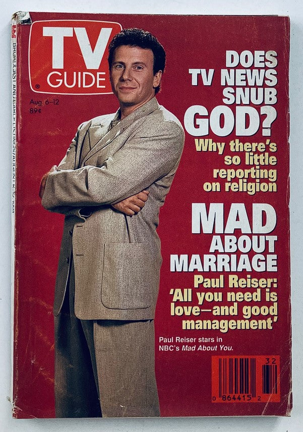 TV Guide Magazine August 6 1994 featuring Paul Reiser on the cover, highlighting topics like TV news and marriage, representing 90s television culture.