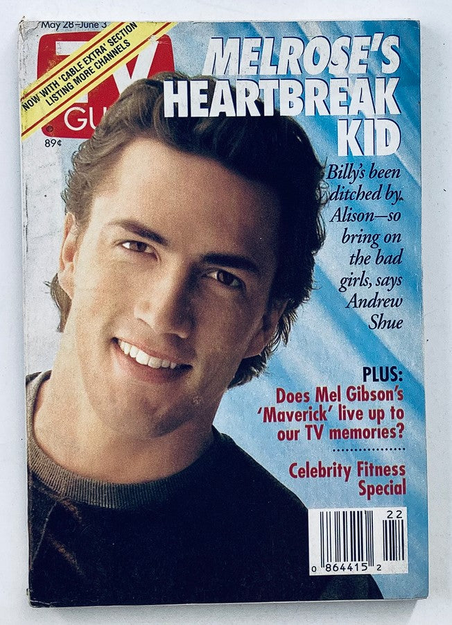 TV Guide Magazine cover from May 28, 1994 featuring Andrew Shue as the 'Heartbreak Kid' from Melrose Place, showcasing nostalgic mid-90s television culture and pop culture themes.
