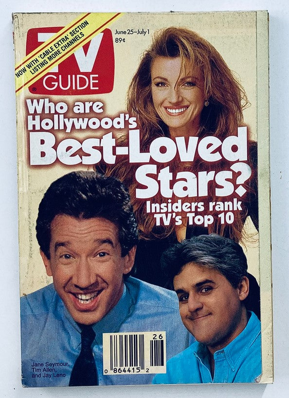 Cover of TV Guide Magazine, June 25, 1994, featuring Tim Allen, Jane Seymour, and Jay Leno with the headline 'Who are Hollywood's Best-Loved Stars?' This vintage issue highlights classic television personalities.