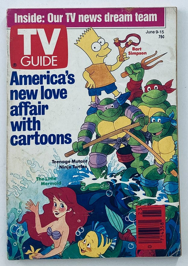 TV Guide Magazine June 9 1990 featuring Teenage Mutant Ninja Turtles on the cover, showcasing cartoon characters including Bart Simpson and Ariel from The Little Mermaid, reflecting 1990s pop culture.
