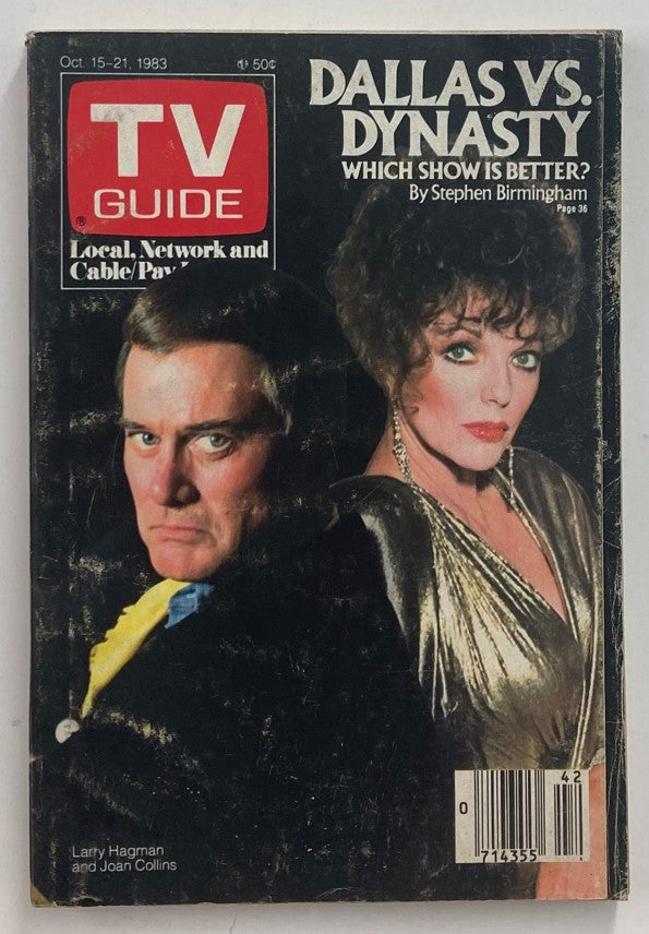 TV Guide Magazine October 15 1983 featuring Larry Hagman and Joan Collins on the cover, showcasing an article comparing the shows Dallas vs. Dynasty.