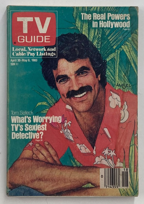 TV Guide Magazine April 30 1983 featuring Tom Selleck on the cover, showcasing his charming smile and signature mustache, dressed in a colorful floral shirt surrounded by tropical foliage, capturing a nostalgic moment from classic television history.