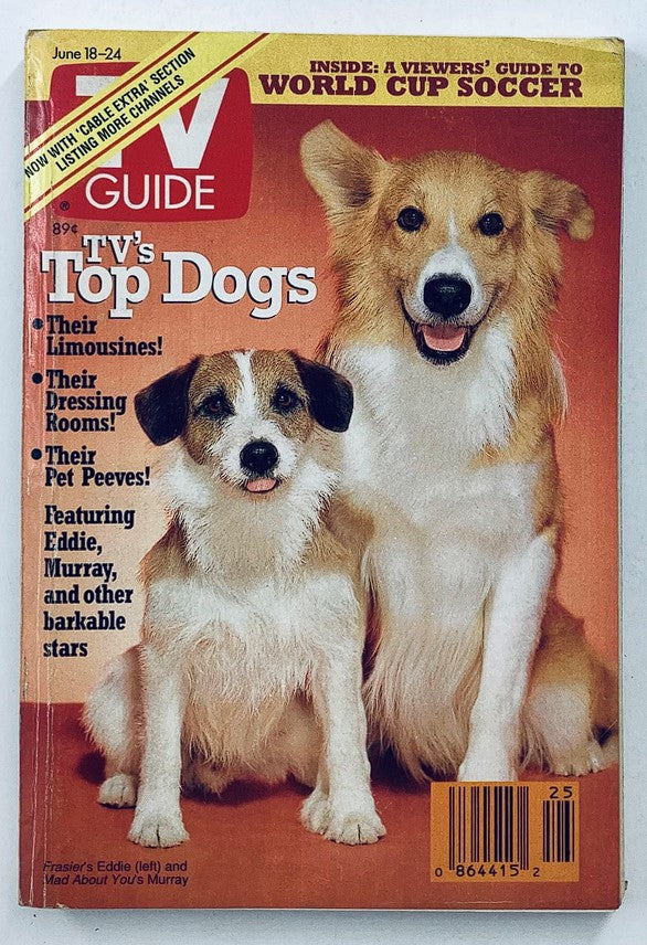Cover of TV Guide Magazine June 18, 1994, featuring dogs Maui and Moose with the headline 'TV's Top Dogs' and details about their dressing rooms and pet peeves. This vintage magazine captures television culture of the mid-90s.
