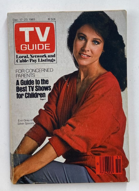 TV Guide Magazine December 17 1983 featuring actress Erin Gray from the TV series Silver Spoons. The cover showcases Erin Gray in a red sweater, highlighting her as a prominent figure of 1980s television. This vintage magazine is a collectible piece reflecting pop culture and entertainment from the early 80s.