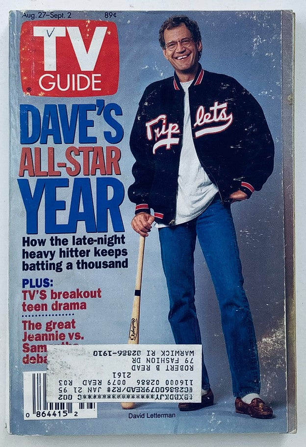 TV Guide Magazine August 27 1994 featuring David Letterman on the cover in a Triplets jacket, promoting his all-star year in late-night television.