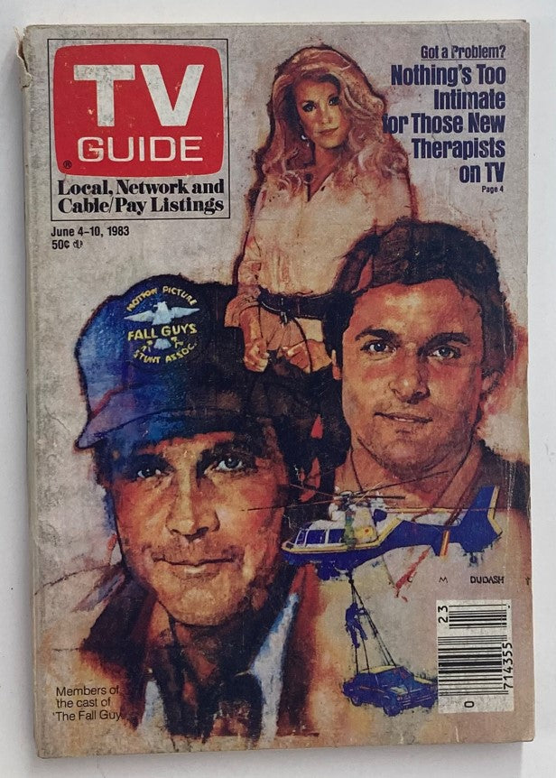 Vintage TV Guide Magazine cover featuring cast of 'The Fall Guy', dated June 4, 1983. Artwork includes two male actors and one female actress, showcasing the nostalgic appeal of early '80s television. The cover highlights television listings while capturing the essence of pop culture of the era.