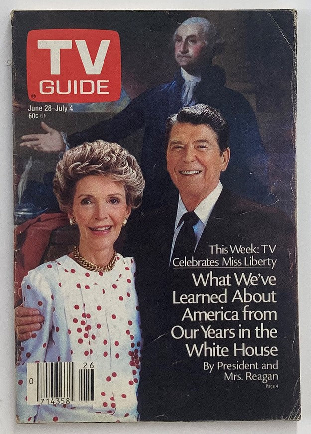 TV Guide Magazine from June 28, 1986 featuring Nancy and Ronald Reagan on the cover, showcasing the iconic couple with a historical backdrop, emphasizing a significant era in American politics and television culture.