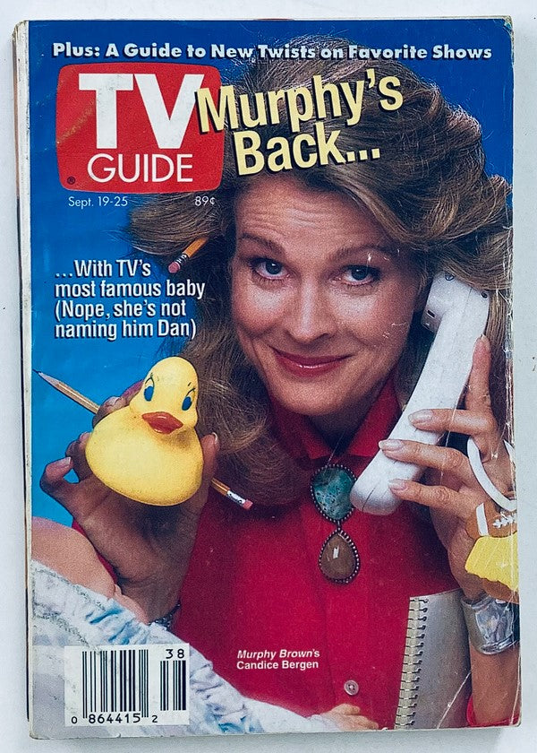 Cover of TV Guide Magazine September 19 1992 featuring Murphy Brown with a rubber duck, showcasing the iconic sitcom star Candice Bergen in a colorful and nostalgic design.