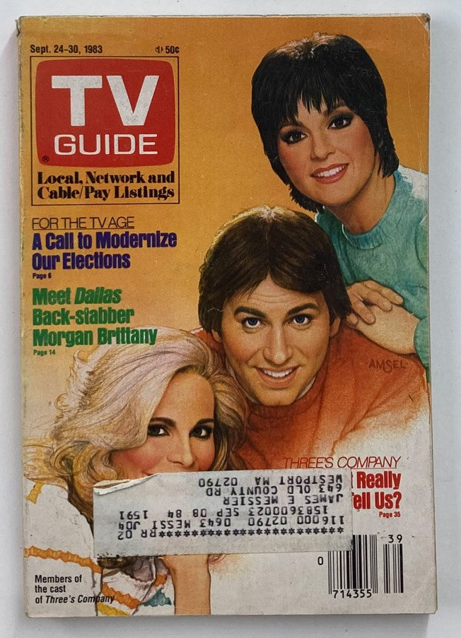 TV Guide Magazine from September 24, 1983, featuring the cast of Three's Company on the cover. The magazine showcases vibrant colors and includes images of the iconic characters Jack, Janet, and Chrissy, highlighting popular TV shows from the early 1980s.