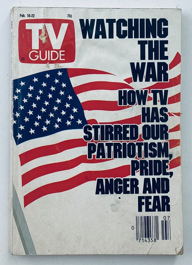 TV Guide Magazine February 16 1991 cover featuring an American flag and the headline 'Watching the War: How TV Has Stirred Our Patriotism, Pride, Anger and Fear'. This vintage magazine reflects on the impact of television during the Persian Gulf War.