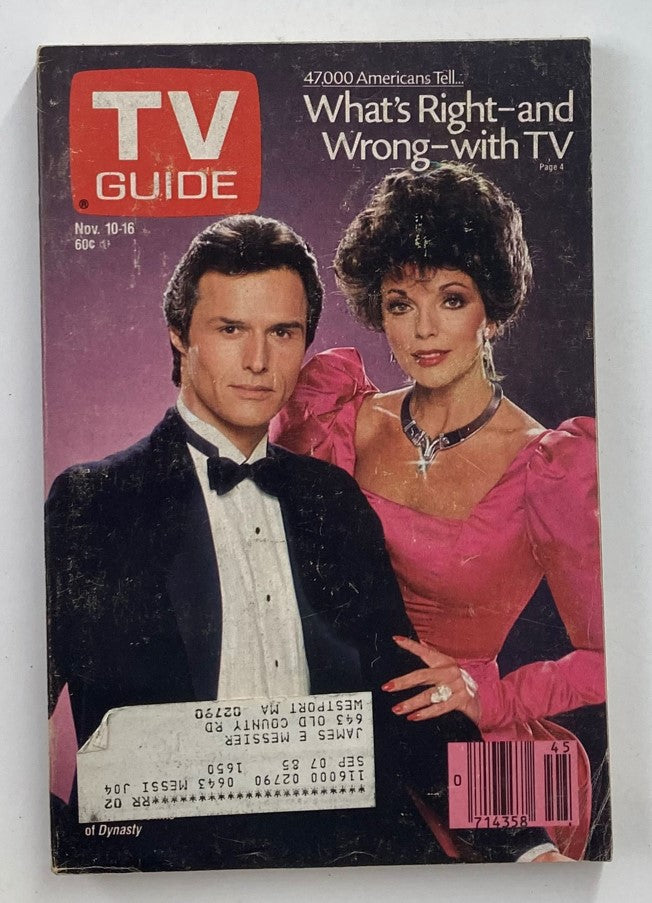 Cover of TV Guide Magazine from November 10, 1984, featuring Michael Nader and Joan Collins, known for their roles in the hit series Dynasty. The magazine explores the television landscape of the 1980s with articles and insights on entertainment.