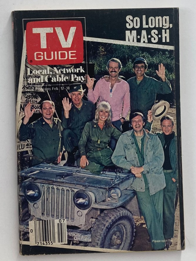 Cover of TV Guide Magazine February 12, 1983, featuring a farewell to M* A* S* H. The photo showcases the iconic cast members in army attire, waving goodbye, with a military jeep in the foreground. This collectible issue captures a significant moment in television history.