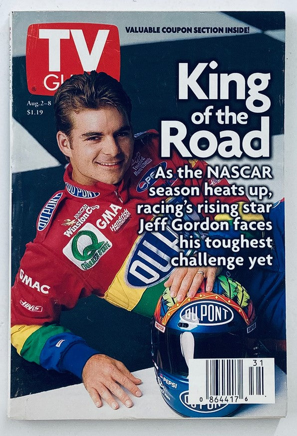 TV Guide Magazine from August 2, 1997 featuring Jeff Gordon, titled 'King of the Road'. The cover showcases Gordon in his racing gear, highlighting his status as a rising star in NASCAR during the late 90s.
