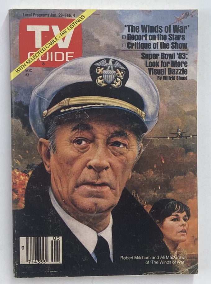 TV Guide Magazine from January 29, 1983, featuring iconic stars Robert Mitchum and Ali McGraw on the cover, showcasing the television highlights and pop culture of the early 80s.