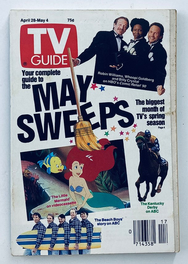 TV Guide Magazine from April 28, 1990, featuring Robin Williams, Whoopi Goldberg, and Billy Crystal on the cover. The magazine highlights 'May Sweeps', with additional features on The Little Mermaid and The Beach Boys.