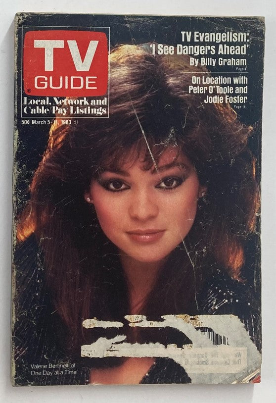 TV Guide Magazine March 5 1983 featuring Valerie Bertinelli on the cover, showcasing a vintage style from the early 1980s with local, network, and cable pay listings.