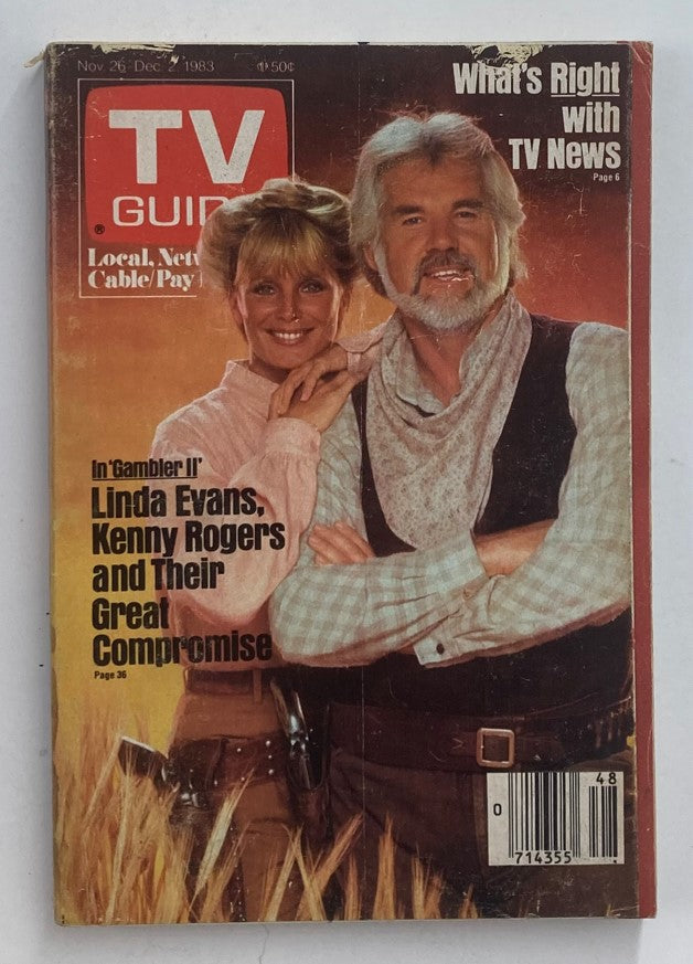 TV Guide Magazine cover from November 26, 1983 featuring Linda Evans and Kenny Rogers, spotlighting their roles in 'Gambler II' and highlighting the cultural significance of 1980s television.