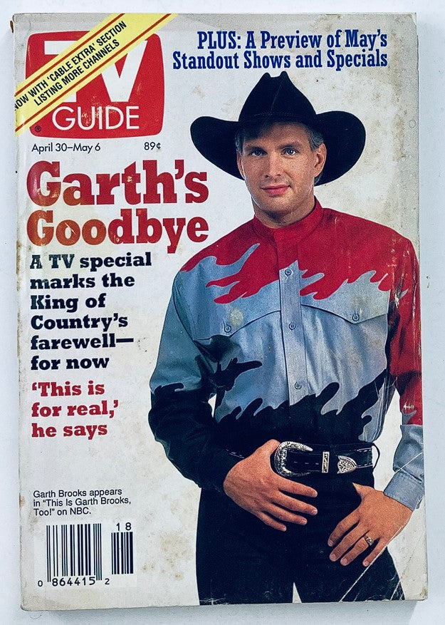 TV Guide Magazine April 30 1994 featuring Garth Brooks, showcasing him in a colorful western shirt, marking 'Garth's Goodbye' alongside a preview of TV specials.