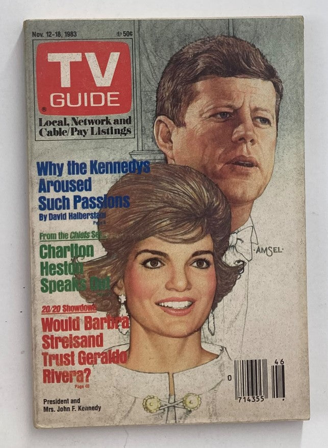 TV Guide Magazine cover from November 12, 1983 featuring Jackie Kennedy and John F. Kennedy with the title 'Why the Kennedys Aroused Such Passions'. This vintage magazine is a collectible item showcasing early 1980s television history.