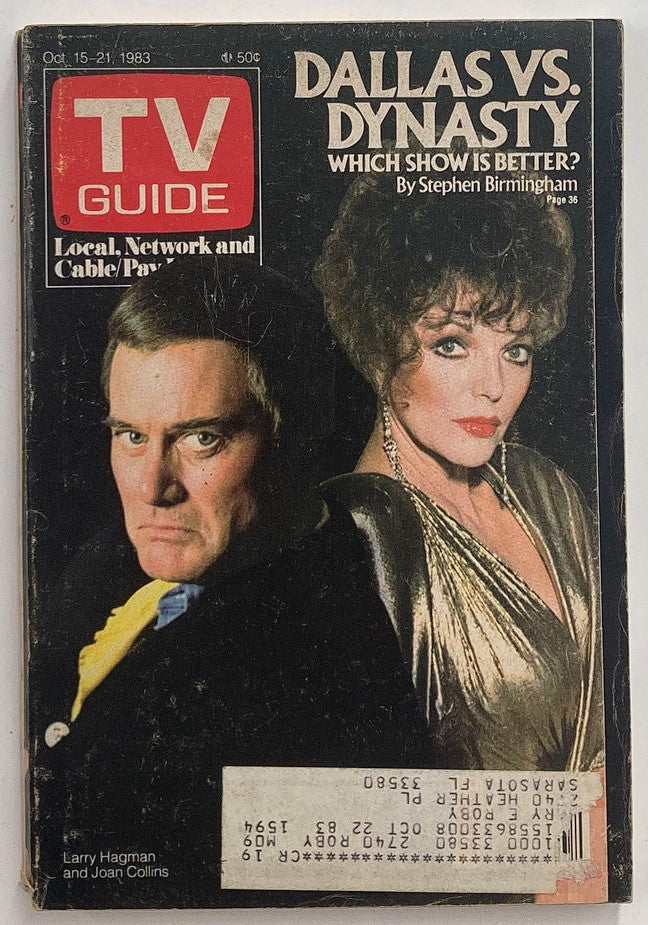 TV Guide Magazine October 15 1983 featuring Larry Hagman and Joan Collins on the cover, showcasing the rivalry between Dallas and Dynasty.