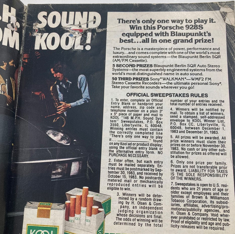 Inside page of TV Guide Magazine April 23 1983 displaying a sweepstakes advertisement for a Porsche 928 and Blaupunkt sound systems, showcasing 1980s promotional culture.