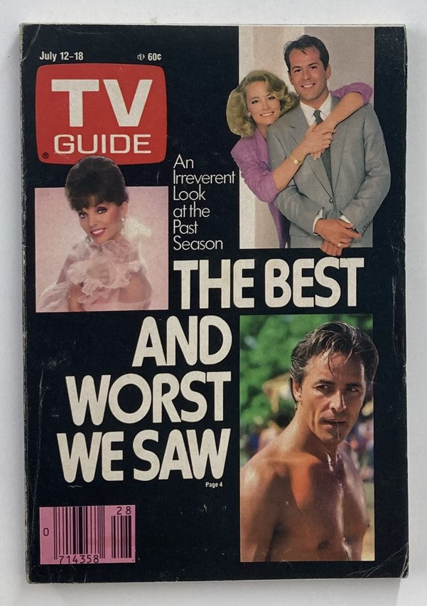 TV Guide Magazine July 12, 1986 cover featuring celebrities Joan Collins and Don Johnson, showcasing the theme 'THE BEST AND WORST WE SAW' along with vibrant graphics representative of 1980s television culture.