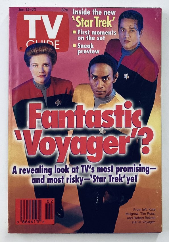 TV Guide Magazine cover from January 14, 1995, featuring Robert Beltran among cast members, showcasing an article titled 'Fantastic Voyager?' A collectible vintage magazine highlighting the new Star Trek series with insights into TV programming of the mid-90s.
