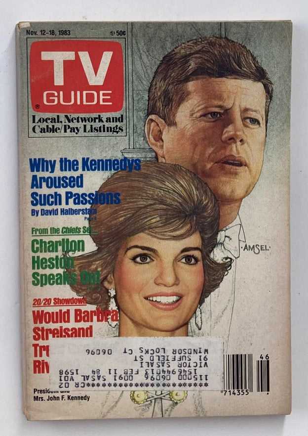 Cover of TV Guide Magazine dated November 12, 1983 featuring John F. Kennedy and Jacqueline Kennedy. The magazine highlights an article on why the Kennedys aroused such passions, along with additional content on Charlton Heston and Barbra Streisand.