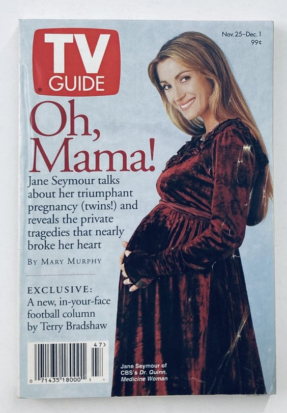 TV Guide Magazine cover from November 25, 1995, featuring actress Jane Seymour, discussing her pregnancy with twins, highlighted by the title 'Oh, Mama!'. The magazine showcases Seymour's role in CBS's 'Dr. Quinn, Medicine Woman' and includes articles on her personal experiences.
