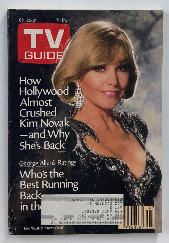 TV Guide Magazine from October 25, 1986 featuring Kim Novak of Falcon Crest on the cover. The magazine highlights Kim Novak's return to Hollywood and includes articles related to television shows of the late 1980s.