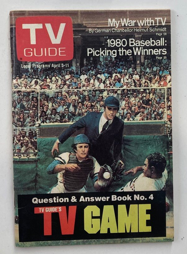 TV Guide Magazine April 5 1980 Picking the Winners cover featuring a baseball scene, highlighting TV shows and sports insights of the time.
