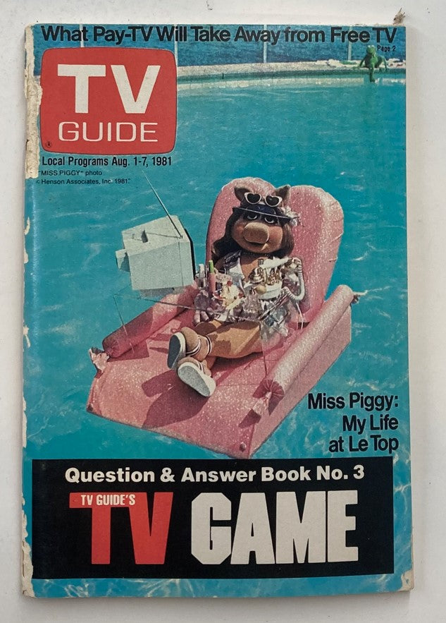 TV Guide Magazine August 1 1981 featuring Miss Piggy relaxing on a float in a pool, showcasing a nostalgic piece of television history.
